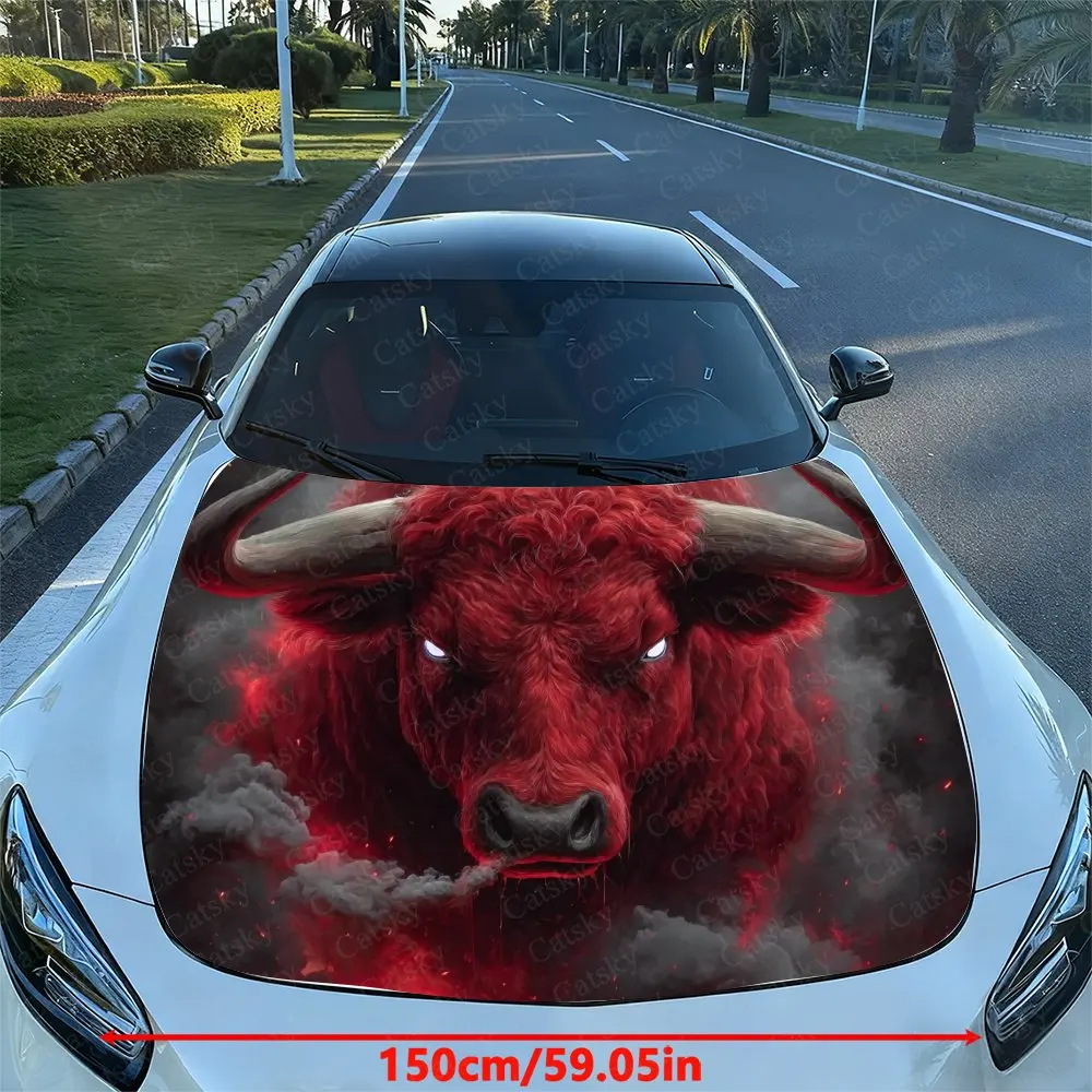Flame Red Cattle Car Hood Sticker, Easy To Install And Remove, Independence Day Car Decoration, Suitable For A-class Sedan Exter