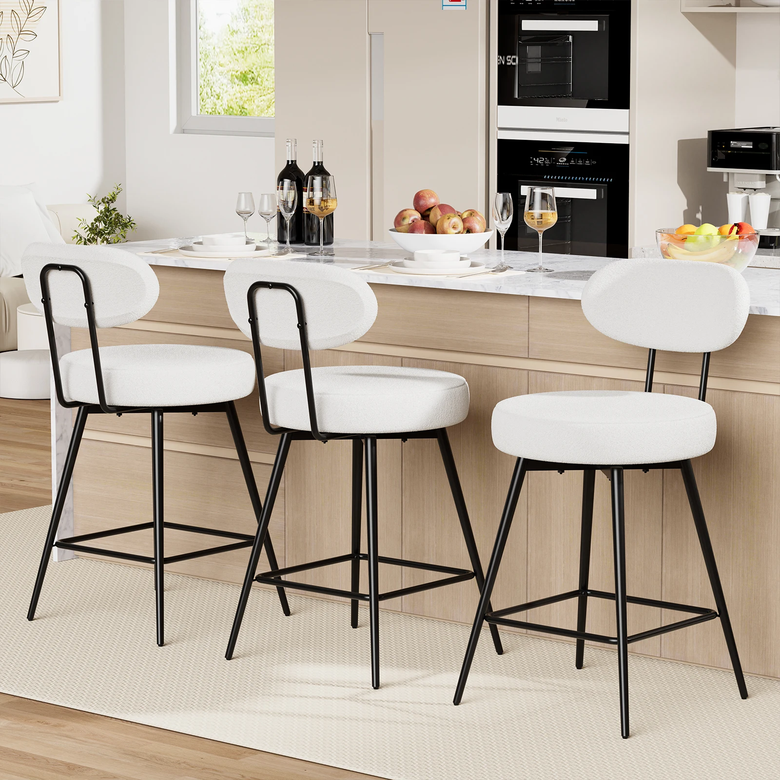 

Barstools, Counter Height Swivel Bar Stools Set of 2/3, Upholstered Flannel Barstools with Backrest and Metal Legs, White