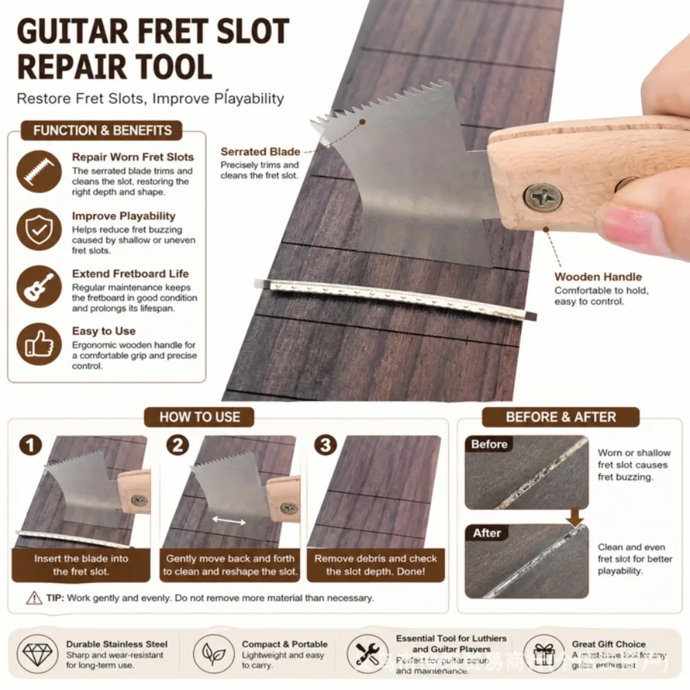 Durable Metal+Wood Fret Slot Saw Blade Sawtooth Design Silver Guitar Luthier Tool Kit Fret Groove Repair Tool For Guitar Repair