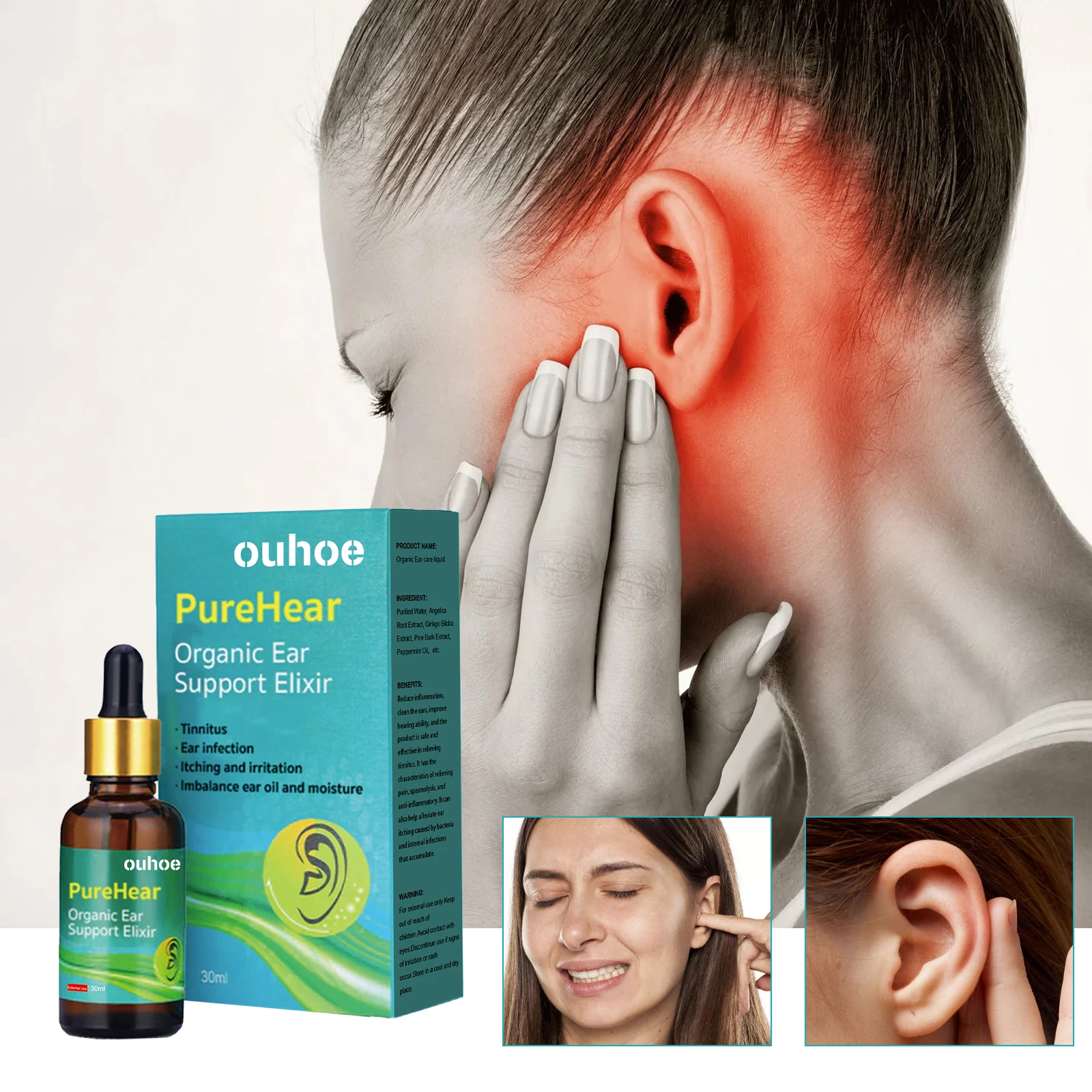 OUHOE Organic Ear Care Relief Tinnitus Back of Ear Discomfort Clean Ear Wax Ear Care Drops