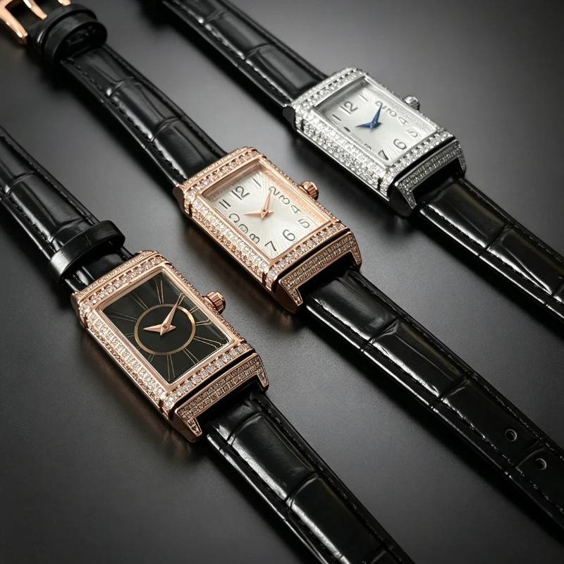 NEW Retro Niche Temperament Slide Design Women's Watches Leather strap Unique Niche Men's Watches Holiday Gifts Diamond-set case