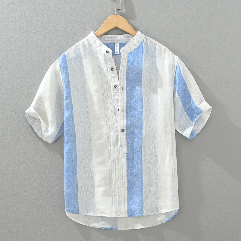 

2024 Men's Fresh Stand Collar Linen Shirt Casual Half Sleeve Summer Thin Striped Print Linen Shirt