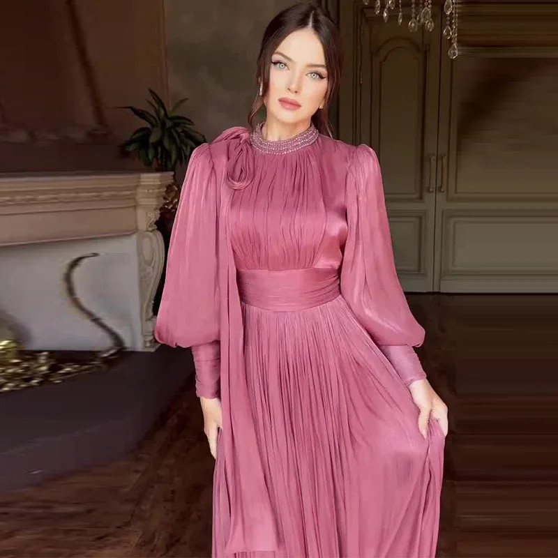 우아한 새틴 파티 롱 드레스 여성 2025 여름 패션 솔리드 컬러 긴팔 하이웨이스트 레이스업 맥시 드레스 캐주얼