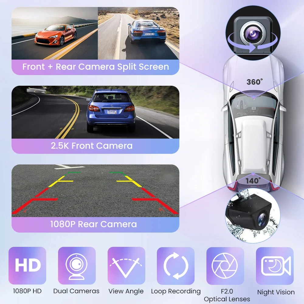 เมษายนboy Tch chk 360 °   Dash Cam หมุนได้พร้อมหน้าจออัจฉริยะรถยนต์ขนาด 10.26 นิ้ว CarPlay ไร้สายและ Android Auto AUX FM Bluetooth WIFI