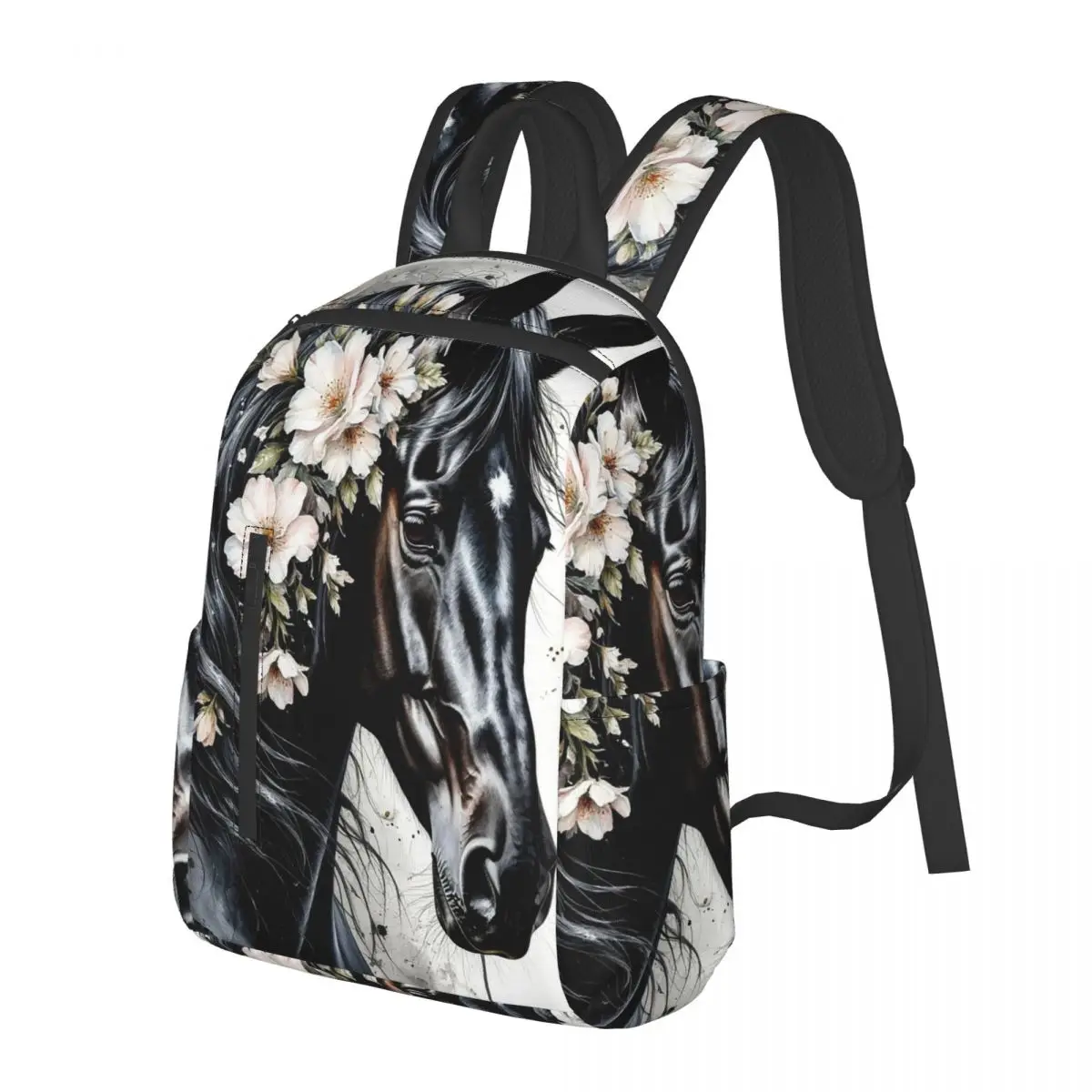 

Flowers And Black Horse Watercolor Art Student Backpack School Bag Hiking Travel Daypack for Men Women Bookbag Shoulder Bags