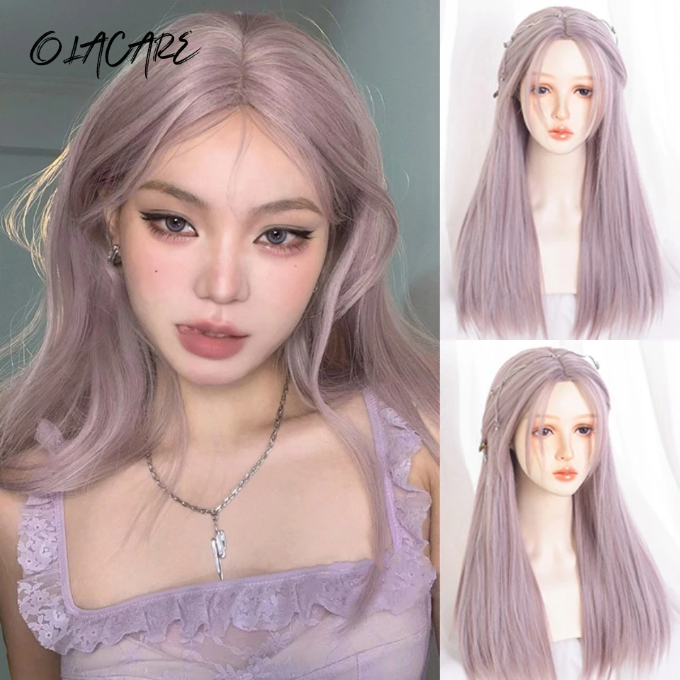 OLACARE Girl Purple Blue Blonde Black Synthetic Long Straight Wig with Bangs Wig Lolita Cosplay Party Halloween Harajuku Wig