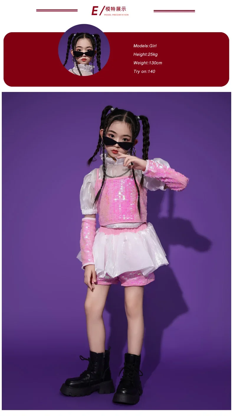 Pailletten-Jazz-Tanzset für Mädchen, Hip-Hop-Bühnenoutfit, Laufsteg-Show-Kostüm mit Glitzer für Kinder und Teenager, Tanzwettbewerbskleidung – Detail 1