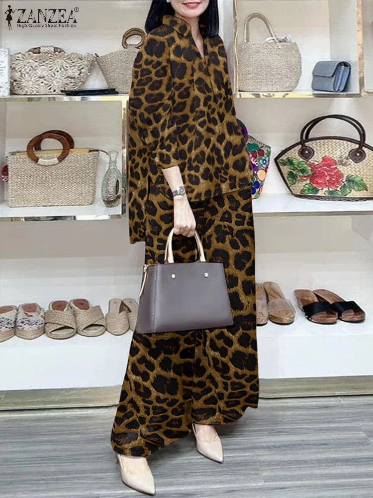 Tuta leopardata autunnale 2025 ZANZEA Set da 2 pezzi da donna alla moda Camicetta a maniche lunghe con risvolto vintage Set di pantaloni a gamba larga Abiti da lavoro