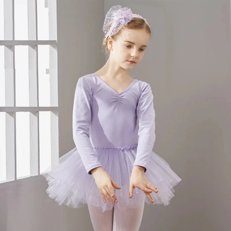 Meisjes Ballet Maillots Strik Dans Jurk Kinderen Lange Mouw Gymnastiek Maillots Roze Katoen Kinderen Gymnastiek Body Dress