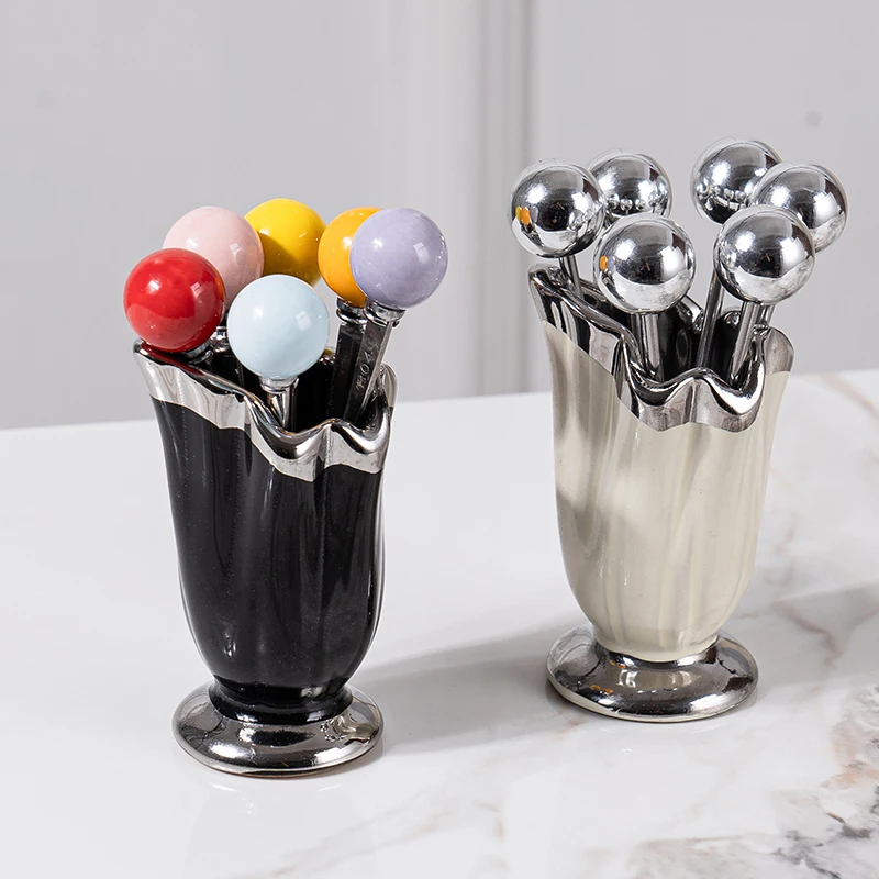 High-end home stainless steel fruit fork and dessert set, with ceramic storage container - innovative fruit fork