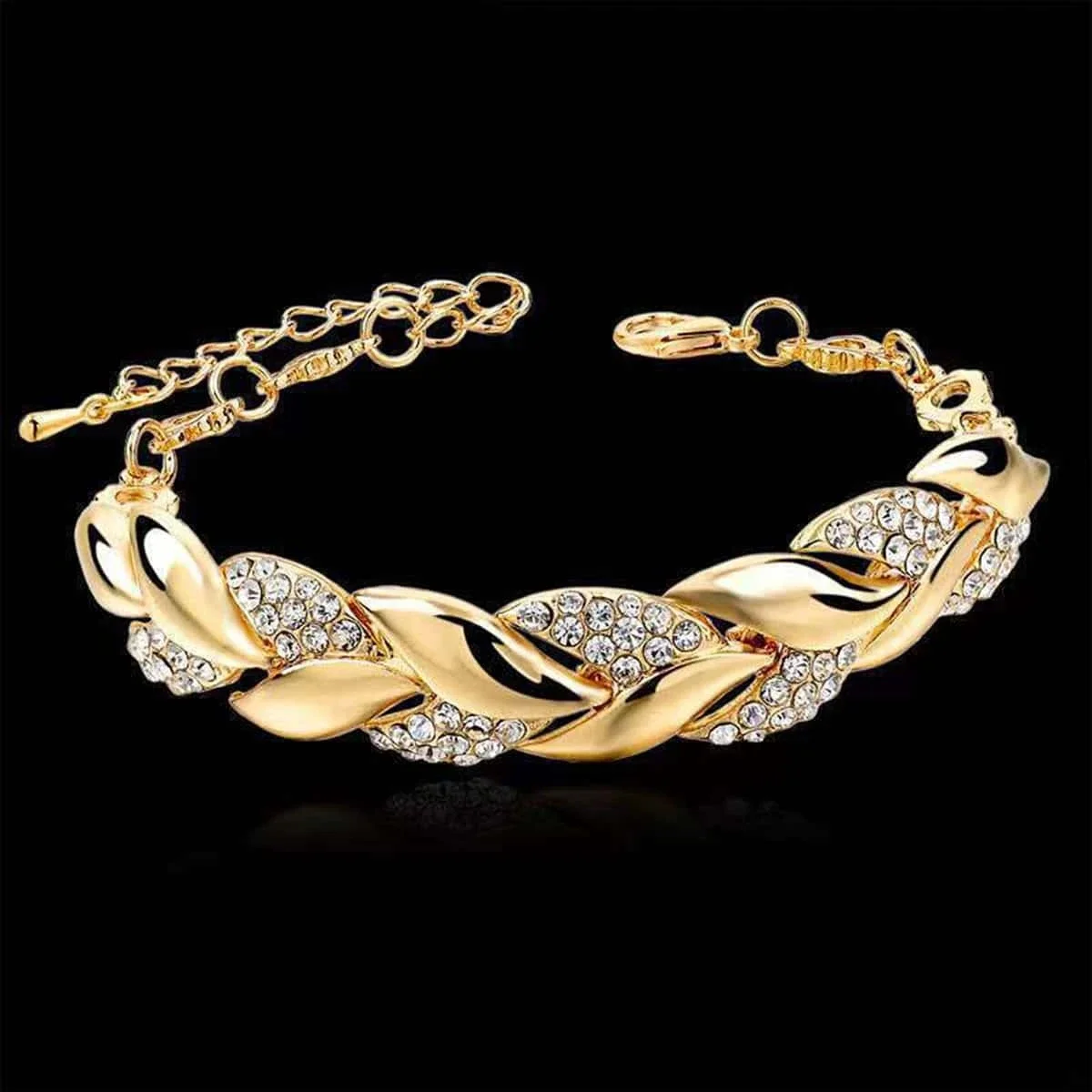 1PC Hip Hop Leaf Bracelet Women's Gold Twisted Shining Crystal Stone Pendant Bracelet Elegant Adjustable Chain Daily Jewelry image 3
