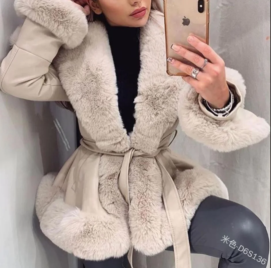 Veste en cuir patchwork pour femme, manteau court, manches longues, ceinture, revers, imitation de poils de lapin, décontracté, chaud, mode, hiver, nouveau, 2025
