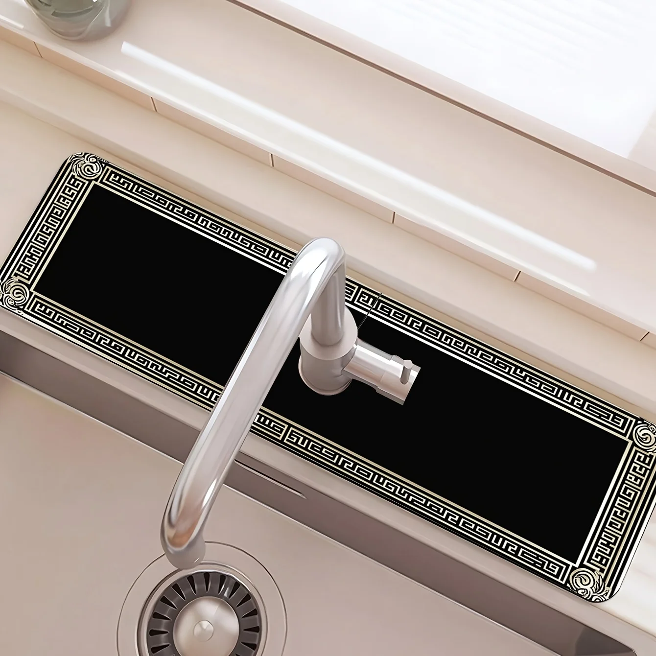 VIKAMA Elegant And Simple Pure Black Pattern Faucet Mat Moisture-Proof Drainage Pad, Kitchen And Bathroom Water-Absorbing Pad