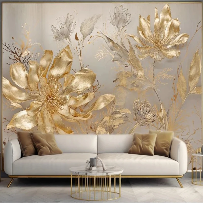 

Custom Large Mural Paper Luxury 3D Golden Flowers Painting Wallpaper for Wall Bedroom Living Room TV Background Home Decoration