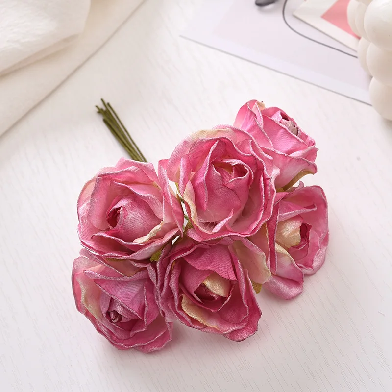 6pcs artificial flower 4cm silk bright pink rose bouquet for wedding home decoration DIY wreath gift box scrapbook fake flower