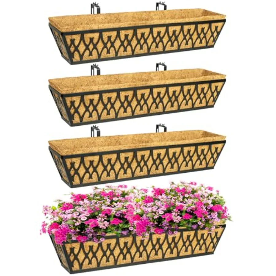

4 Pack 30 Inch Window Boxes Planters for Porch Fence Patio Balcony Outdoor Garden Decor Black Metal with Adjustable Brackets Co