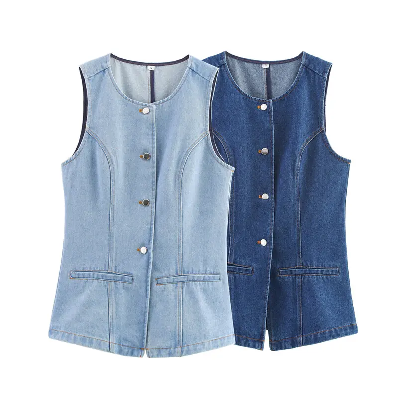 

2025 Summer New Women's Faion Commute Versatile round Ne Svel Two Color Denim Vest Tank Top Pure Color Single Button