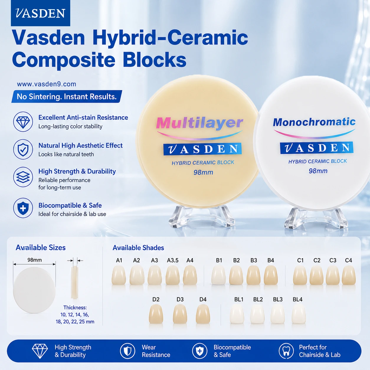 A1 A2 A3 Color 98mm Hybrid Ceramics Block Dental Monochromatic Glass Ceramic Composite Block CADCAM Milling Disc