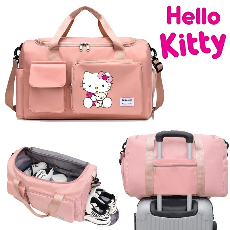 Hello Kitty Women Carry on Travel Bags Anime Sanrio Large Gym Weekend Duffle Bags with Shoe Compartment Sport Fitness HandBag