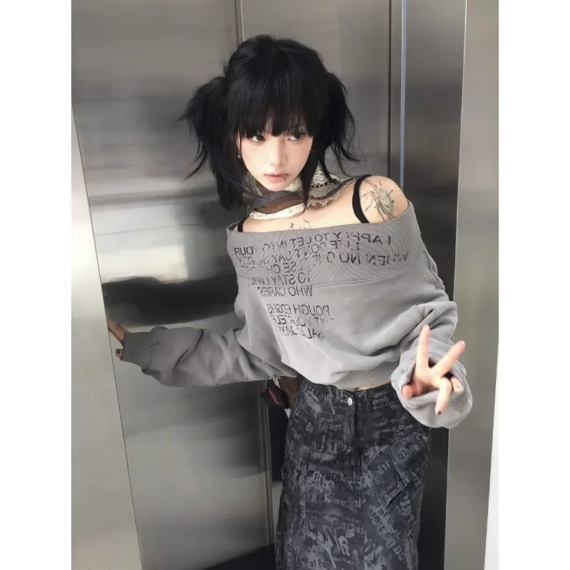 American Retro Letter-printed One-line Shoulder Top Gray Harajuku Casual Long Sleeves T Shirts Sexy Y2k Vintage Grunge Shirts