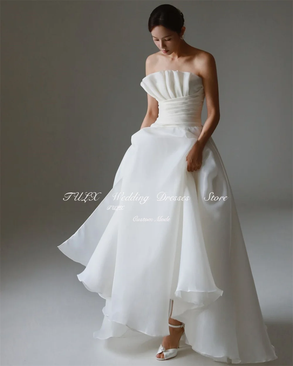 Tulx Elegante Strapless Plooi Korea Organza Trouwfotoshoot Jurk, Een Korset Achtervloer Lengt Bruidsjurken Op Maat Gemaakt 2025