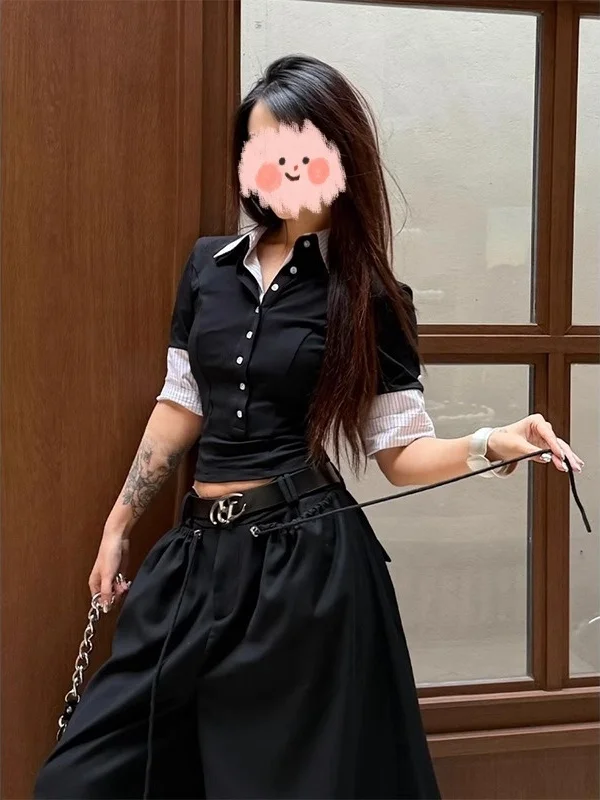 American Sle faux deux pièces Ne T-irt femmes été nouveau Faion minceur couleur Blo ort Sve Design haut