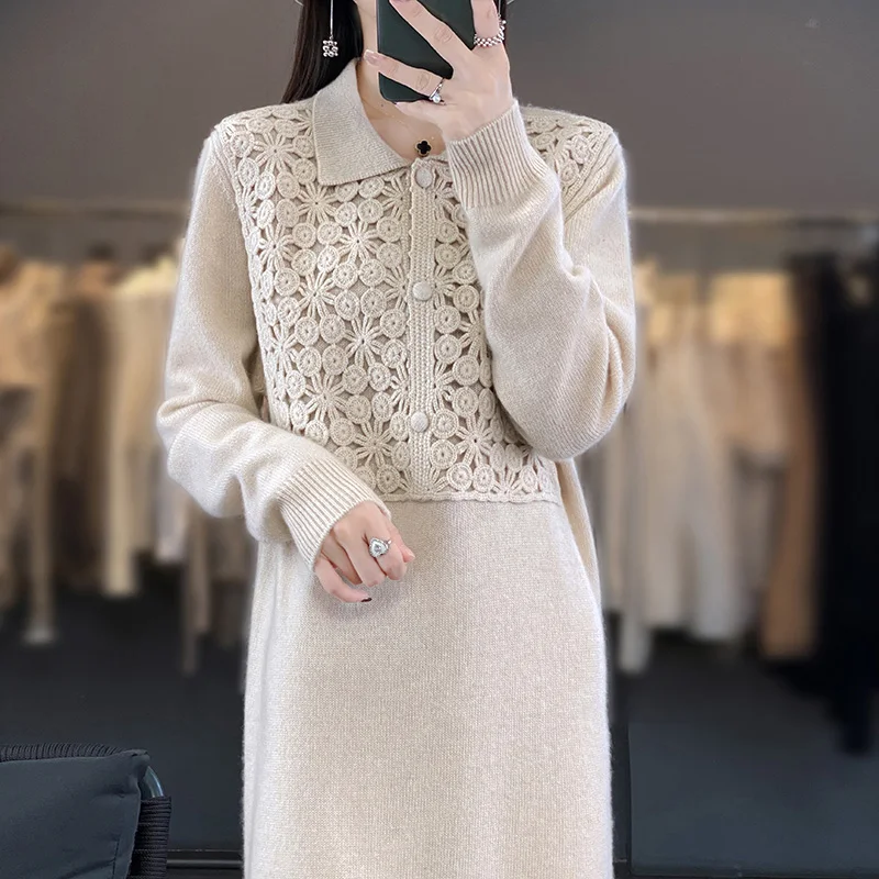 Women\'s Polo Neck Embroidered Cashmere Sweater Knit Dress, Long Knee-length Skirt, Loose Slim Dress, Autumn and Winter