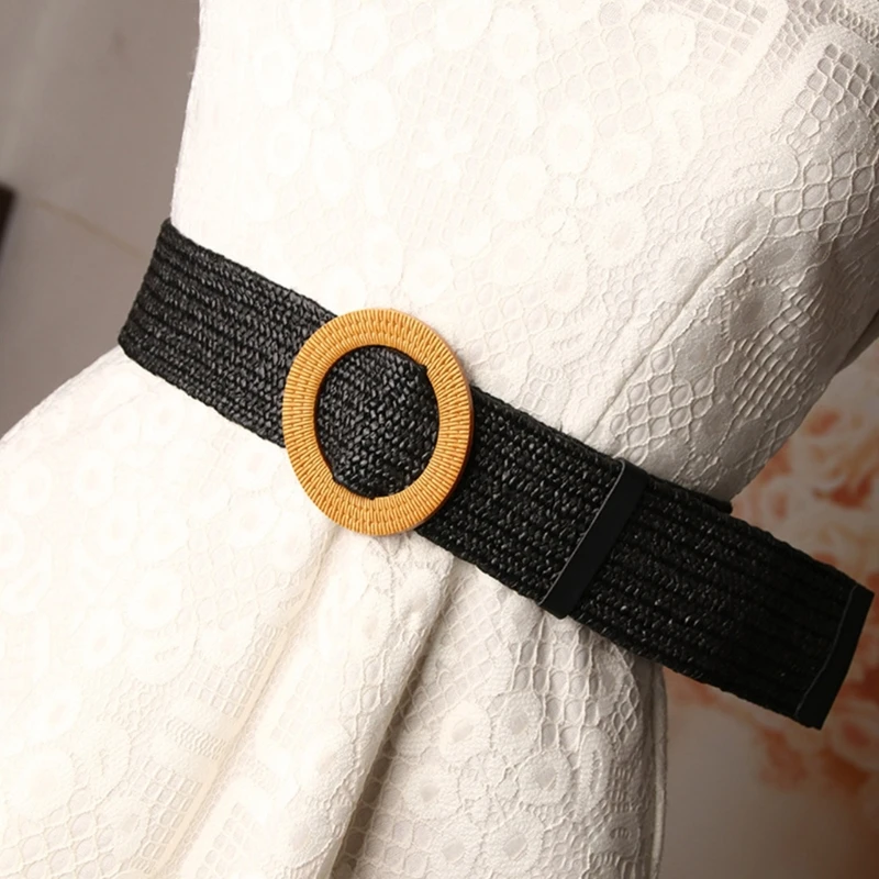 Adjustable Buckle Waist Belt Women Elastic Weaving Belt Wide Waistband for Woman Girls Colorful Straw Vintage Waist Belt