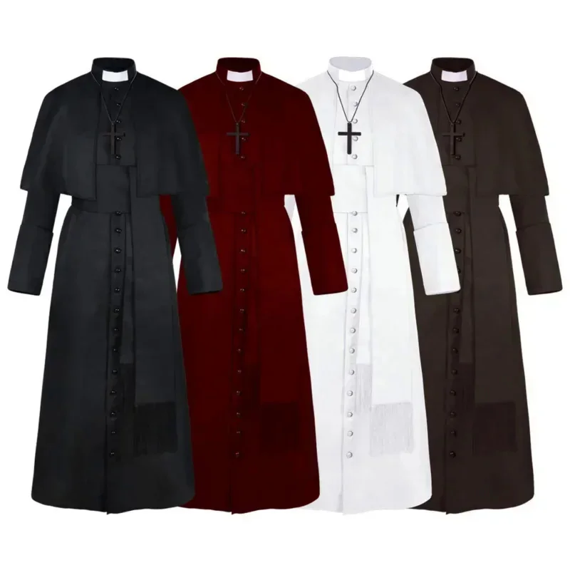 Halloween Medieval Priest Costume Catholic Church Religious Roman Soutane Pope Pastor Father Costumes Mass Robe Clergy Cassock