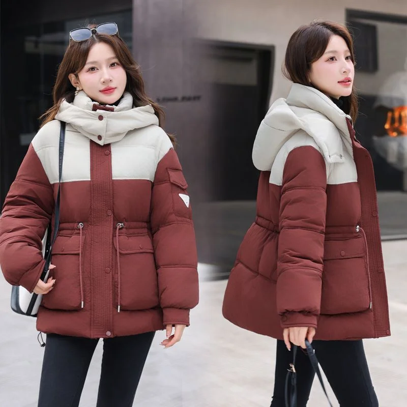 Winter Frauen kurze Daunen Baumwoll jacke Spleißen vielseitige Farb kollision Dame Parka Mantel Mode Temperament Baumwolle gepolstert