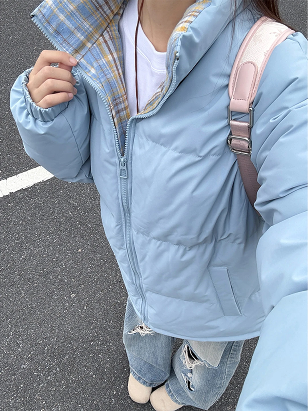 

Blue Plaid Patchwork down Cotton Jaet Men's Winter American Sle Stand Collar Thi Warm Bread Sle Coat for Couples