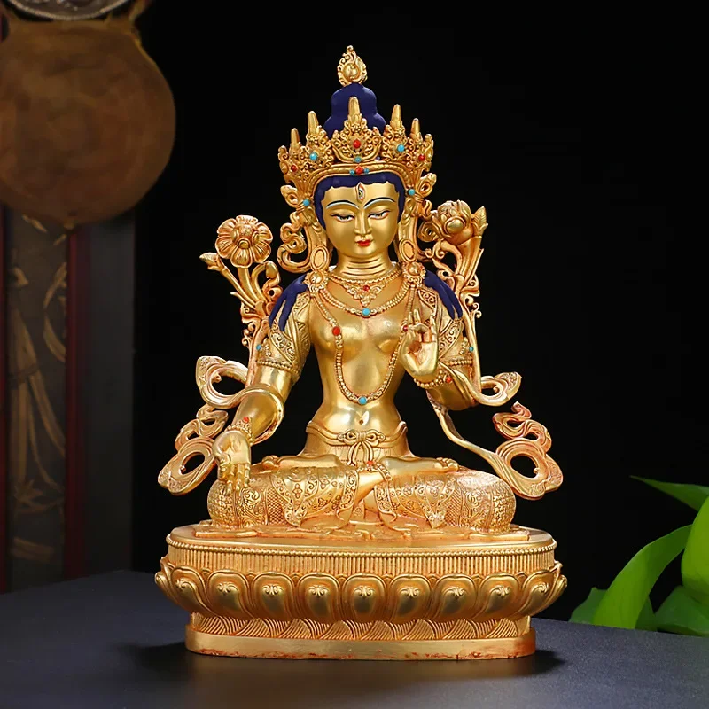 21cm Gold Copper Usnisa-sitatapatra Guanyin Carving Buddhist Retro Carving Tranic Temple Decorate Bodhisattva Figurine