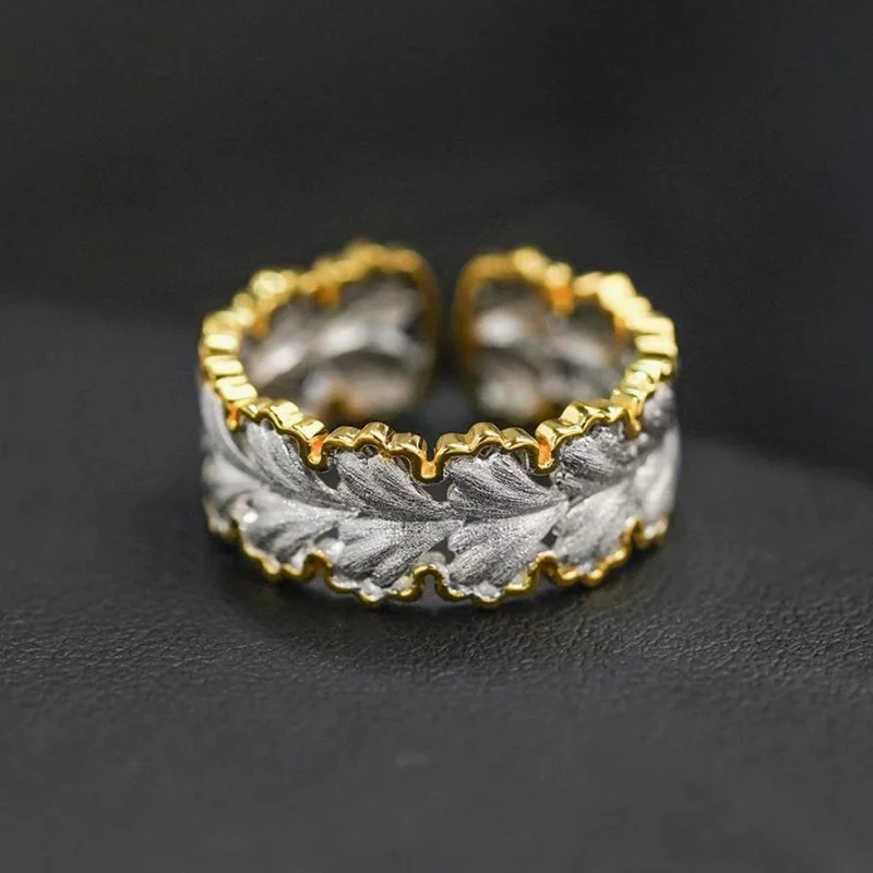 Italian Style Leaves Pattern Gingko Leaf Hollow Rings Opening Finger Ring Vintage Brushed Ring For Women KOFSAC