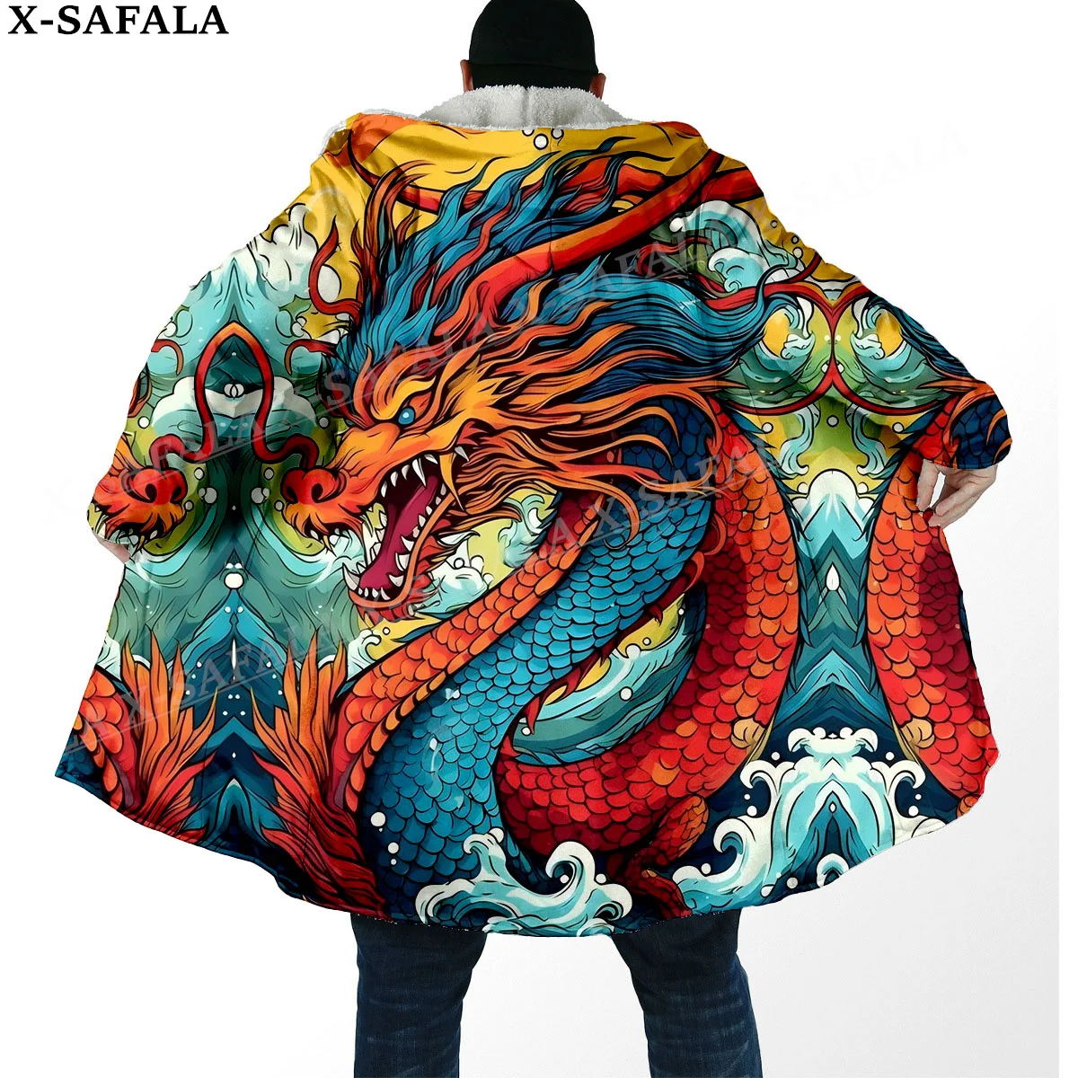 Chinese Myth Dragon Spirit Totems Arts Thick Warm Hooded Cloak Men Overcoat Coat Windproof Fleece Cape Robe Hooded Blanket-4