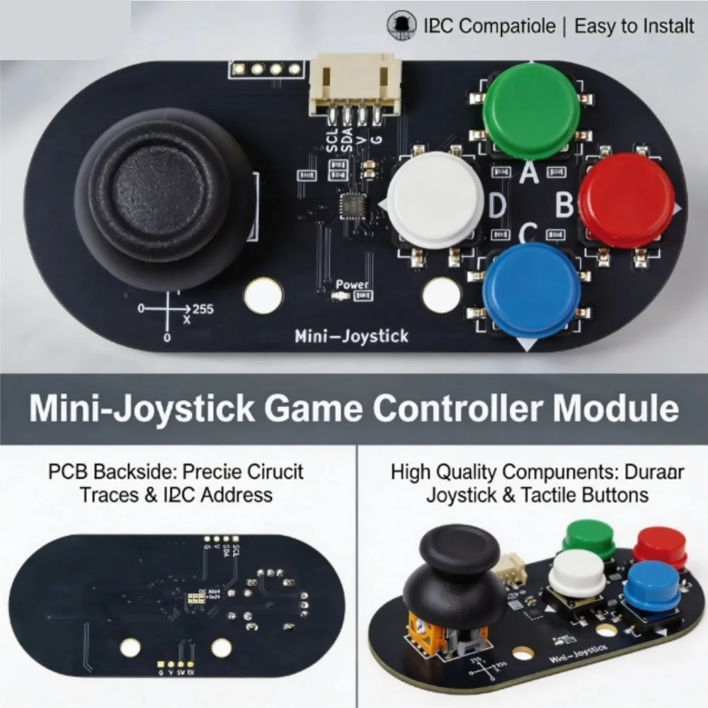 Mini I2C Joystick Gamepad Module for Arduino/Raspberry Pi – 4 Buttons (A/B/C/D), X/Y Dual-Axis Control, I2C Address 0x5A