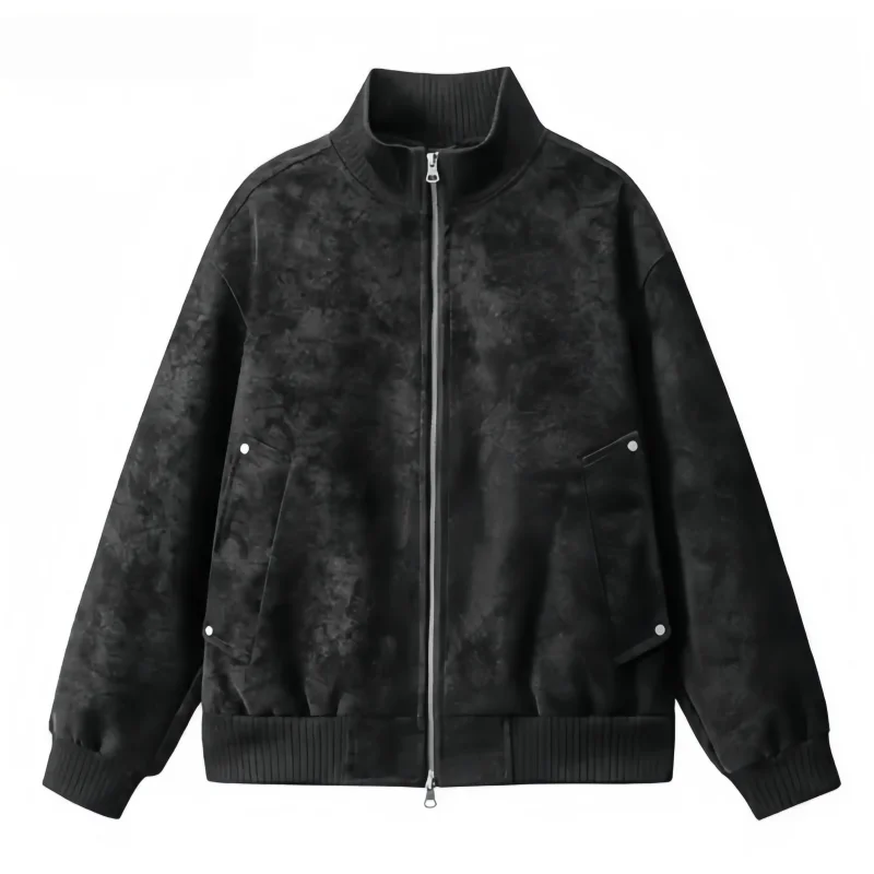 Men's Faux Suede Stand-Collar Pilot Jacket, Spring and Autumn Vintage-Style Textured Ribbed Casual Jacket