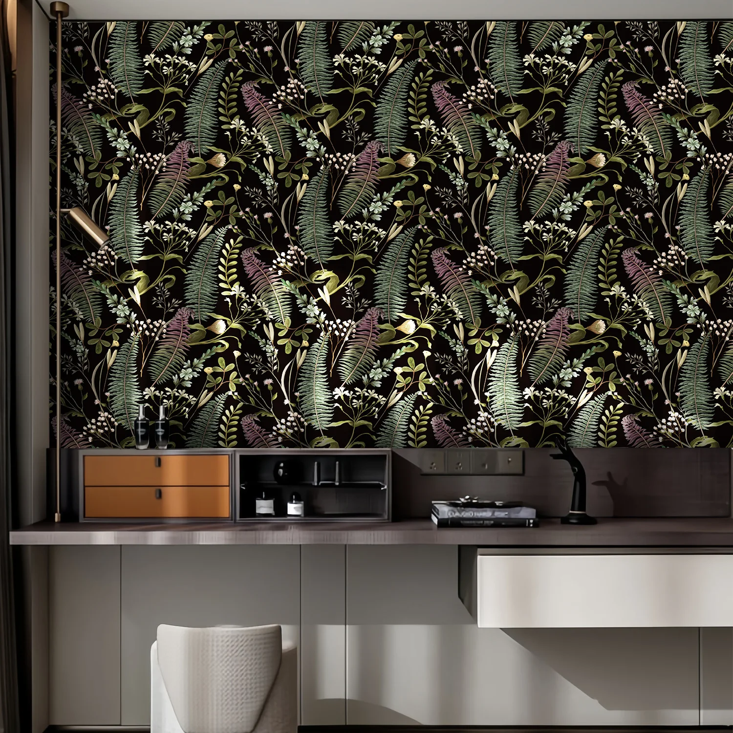 Peel And Stick Wallpaper Black Background Tropical Fern Floral Contact Paper Waterproof Removable Wall Mural for Bedroom Cabinet