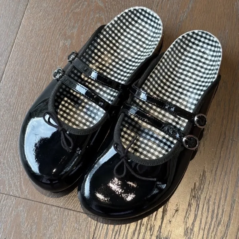 Women's Patent Leather Mary Jane Mules Buckle Bow Decor Slip on Flat Shoes Plaid Lining Casual Half Slippers Fashion  Footwear