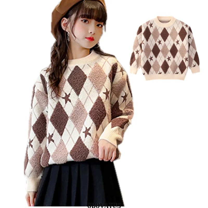 

Korean Fashion Girls Rhombus Sweater with Geometry Print Knitwear School Child Casual Spring Knitted Clothing For Kids Princess