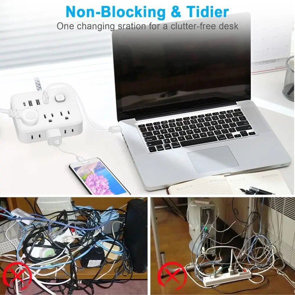 3 USB Slots Braided Cord Power Strip Type C Port Braided Cord USB Power Strip Efficient Power Distribution US Plug