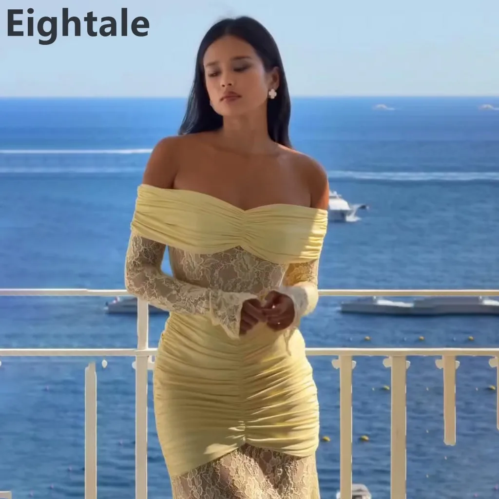 

Eightale 2025 Yellow Mermaid Off Shoulder Long Sleeve Evening Dress Pleat Customized Prom Gown Lace Party Dress robe de soiree