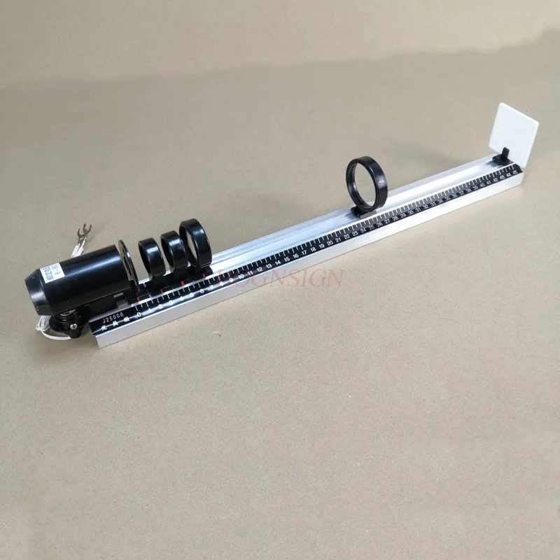 science small production materials Optical equipment group students with optical bench with orbit physical optical convex lens