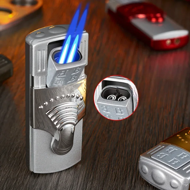 Dual Flame Cigar Torch Lighter Windproof Recessed Ignition Butane Gas & Refueling Lighter Valve Gifts for Men Survival Gear