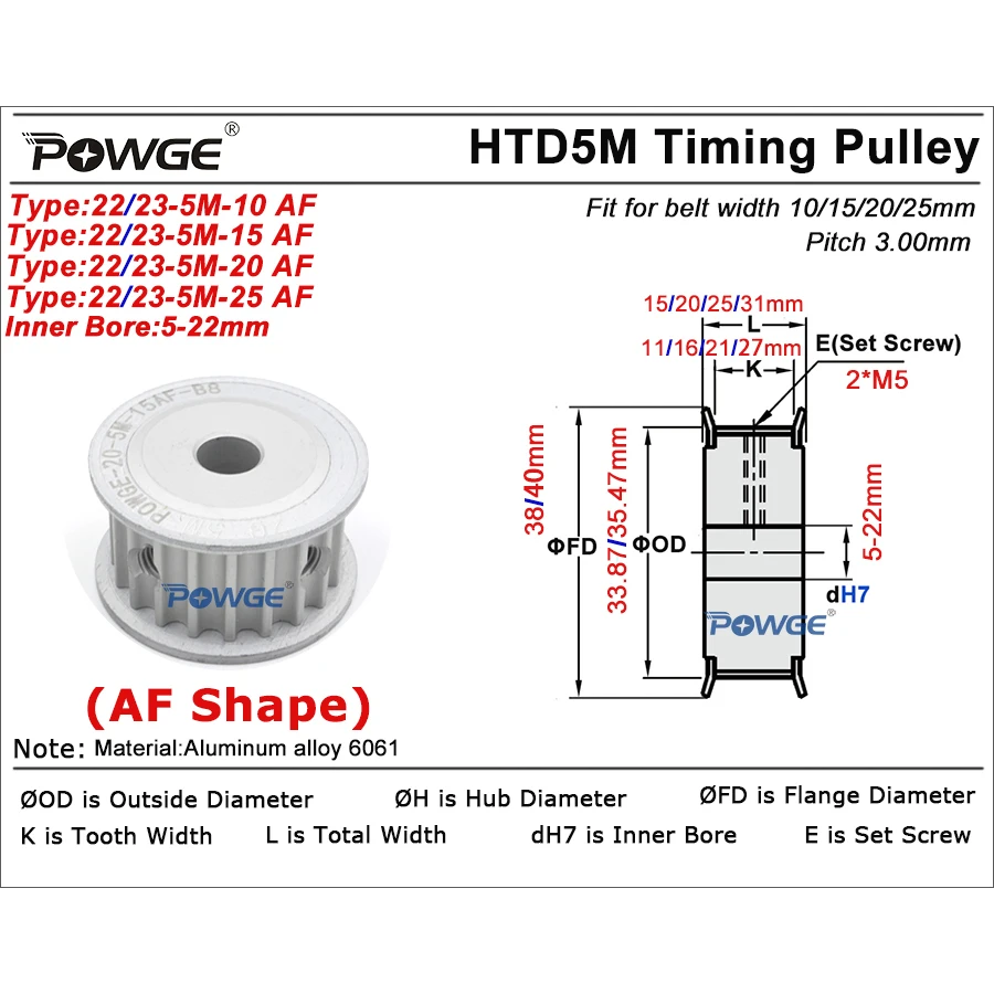 POWGE 22 23 teeth HTD 5M Timing Pulley AF Bore 5/6/6.35/7/8/10/12/12.7/14/15/16/17/19 for HTD5M belt width 10/15/20/25mm 22T 23T