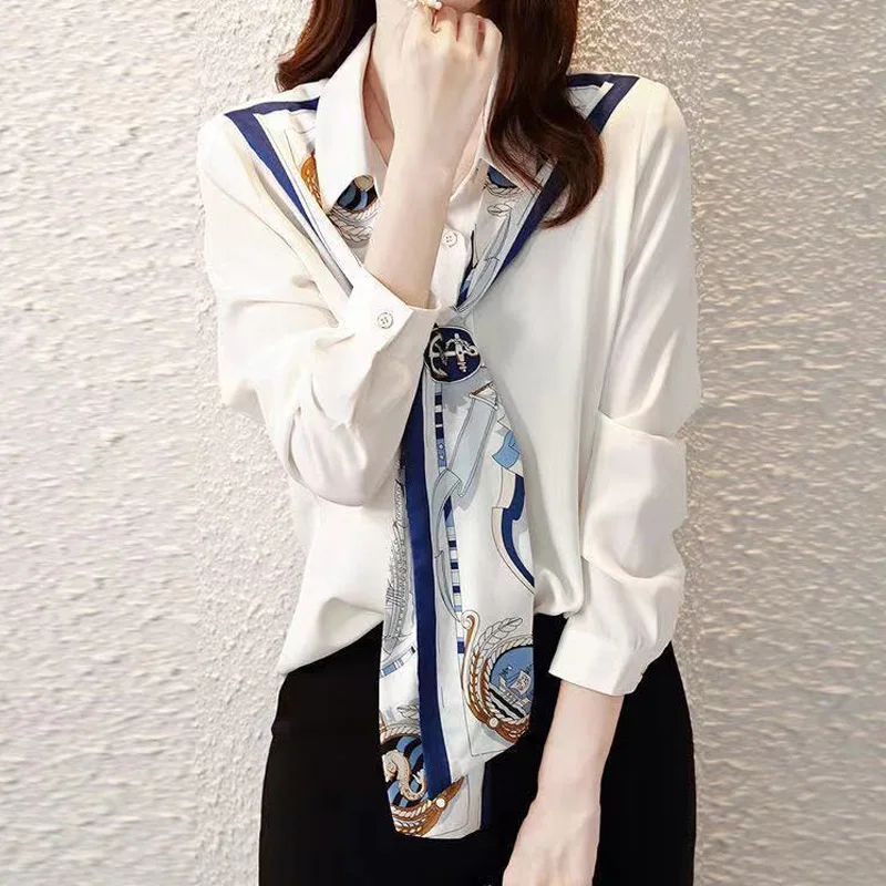 White Patchwork Printing Office Blouse Spring Autumn New Long Sleeve Solid Temperament Shirt Tops Fashion Elegant Women Clothing