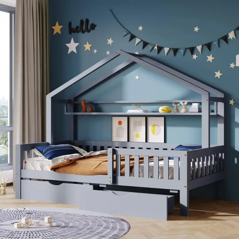 Aoowow Twin Size House Bed with Storage Drawers & Shelf,Kids Wooden Bed Frame Twin Bed with Slats and Fence for Boys Girls Teens