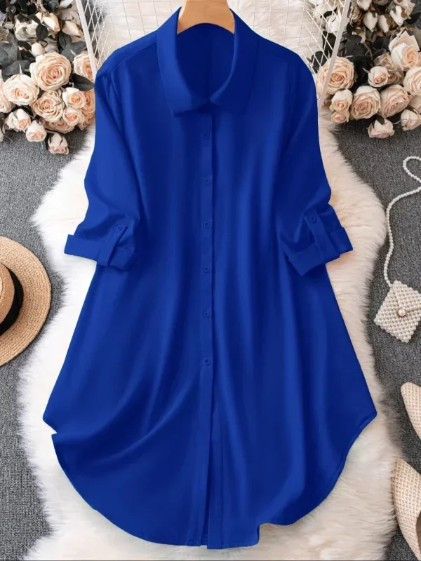 Grande taille 1XL-5XL mode femmes col rabattu manches enroulables Blouse dames boutonné décontracté Chic couleur unie chemise haute