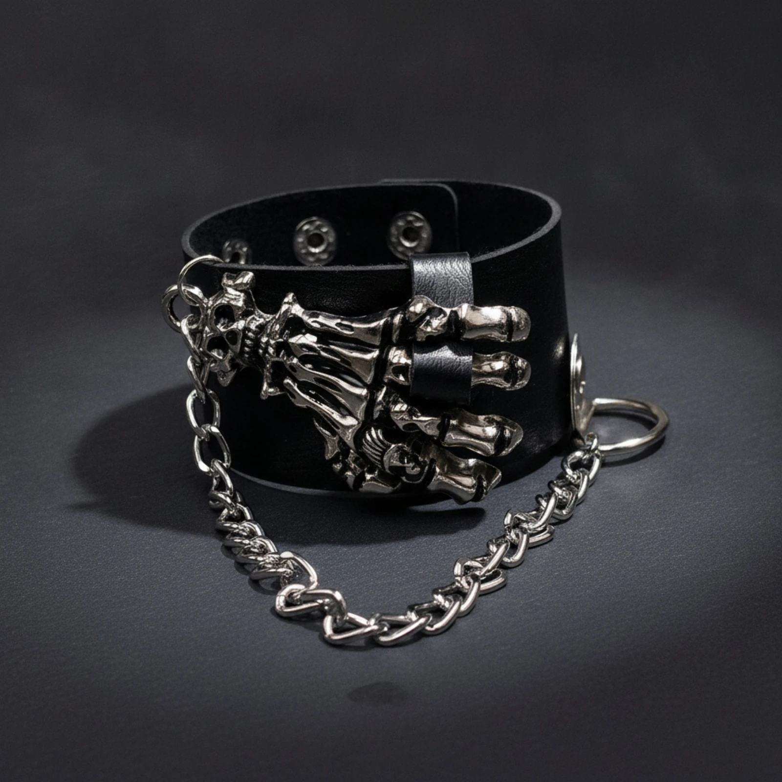 Skull Wrist Cuff with Chain Rugged Skeletal-Hand Wrist Cuff with Snap Fasteners Adjustable for Motorcycle Riders, Themed Events