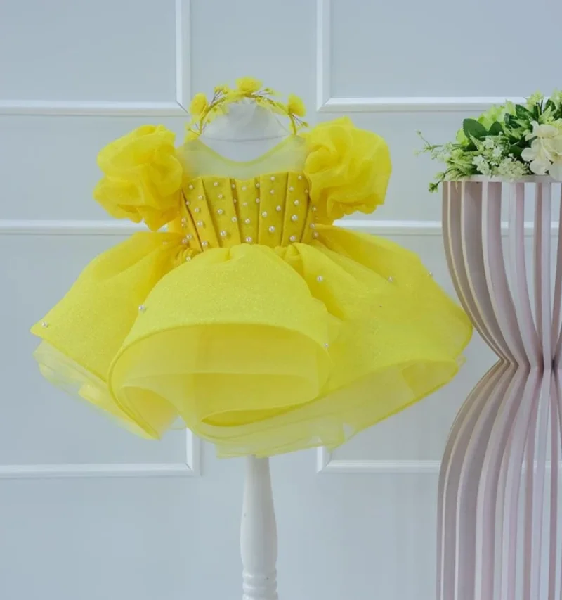 New Customizable Short Flower Girl Dress O Neck Puff Sleeve Princess Tutu Outfit Kid First Birthday Dresses Size 1-10T