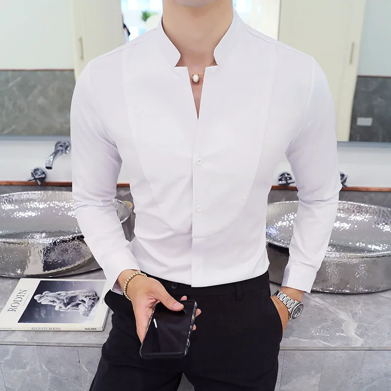 2023 Spring 3 Color Stand Collar Shirt High Quality Men Long Sleeve Slim Fit Casual Shirt Black White Red Business Dress Shirts